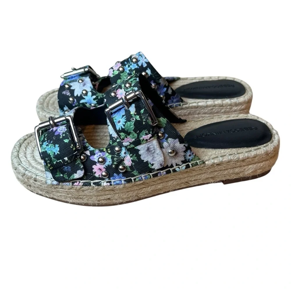 NWOB Rebecca Minkoff Women's Leather Jodi Sandal Black Flower Print In Size 7M